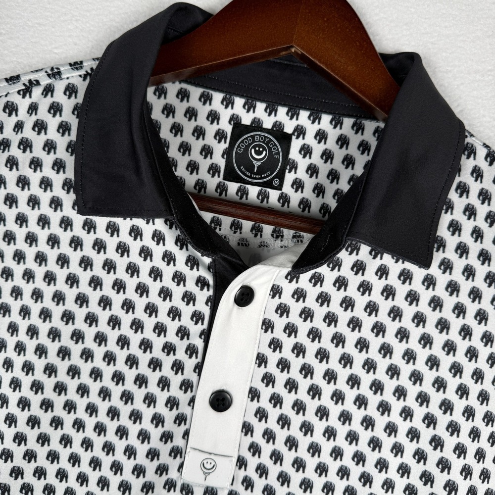 Good Boy Golf Mens M‎ Grizzley Bear AOP Performance Polo Shirt White Black